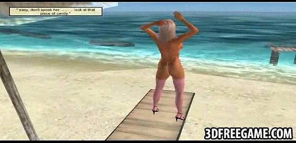  On the beach a sexy blonde 3D whore is stripping